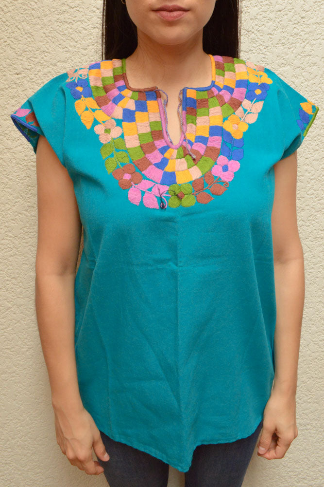 Embroidered Mexican Blouse | Turquoise - Alebrije Huichol Mexican Folk art magiamexica.com