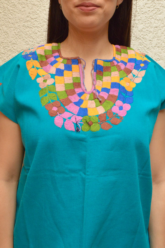 Embroidered Mexican Blouse | Turquoise - Alebrije Huichol Mexican Folk art magiamexica.com