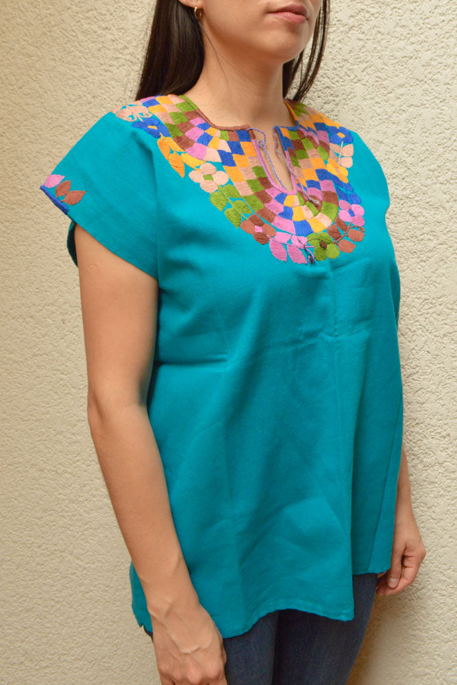 Embroidered Mexican Blouse | Turquoise - Alebrije Huichol Mexican Folk art magiamexica.com