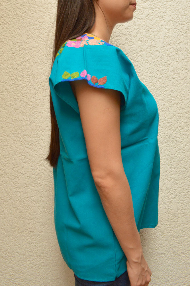 Embroidered Mexican Blouse | Turquoise - Alebrije Huichol Mexican Folk art magiamexica.com