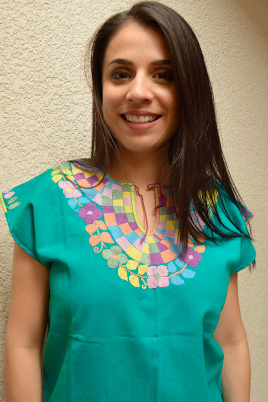 Embroidered Mexican Blouse | Turquoise - Alebrije Huichol Mexican Folk art magiamexica.com