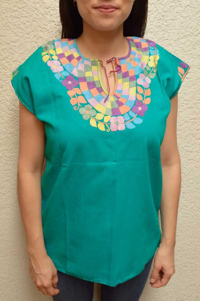 Embroidered Mexican Blouse | Turquoise - Alebrije Huichol Mexican Folk art magiamexica.com