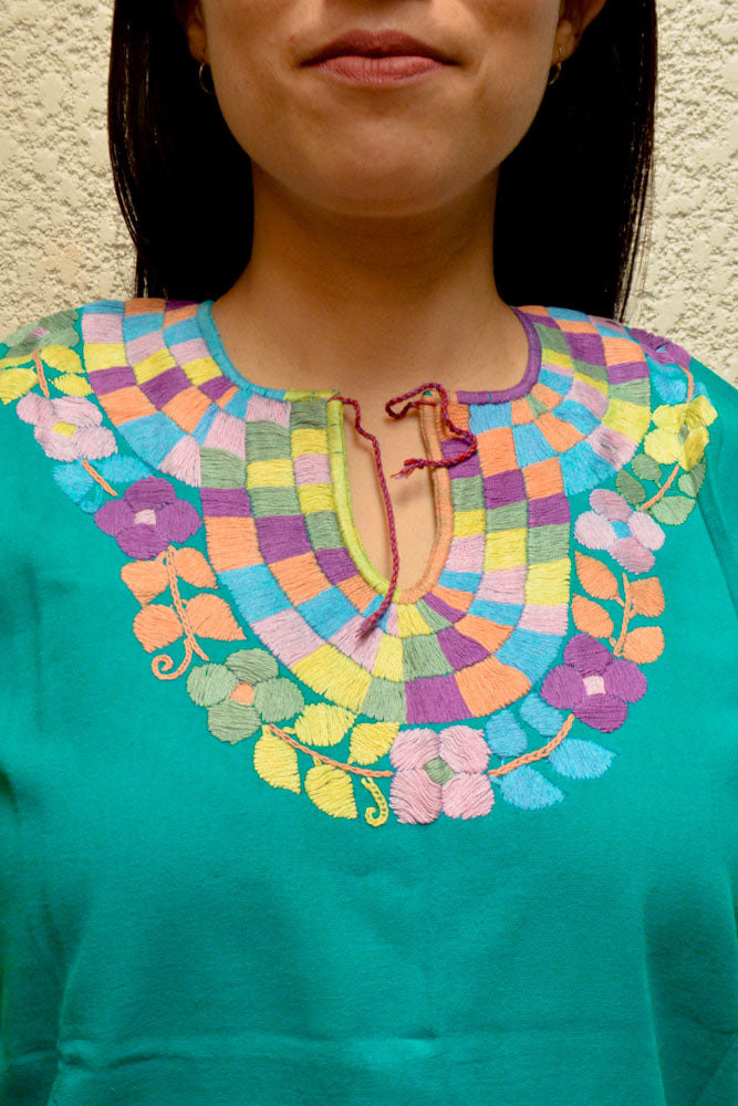 Embroidered Mexican Blouse | Turquoise - Alebrije Huichol Mexican Folk art magiamexica.com