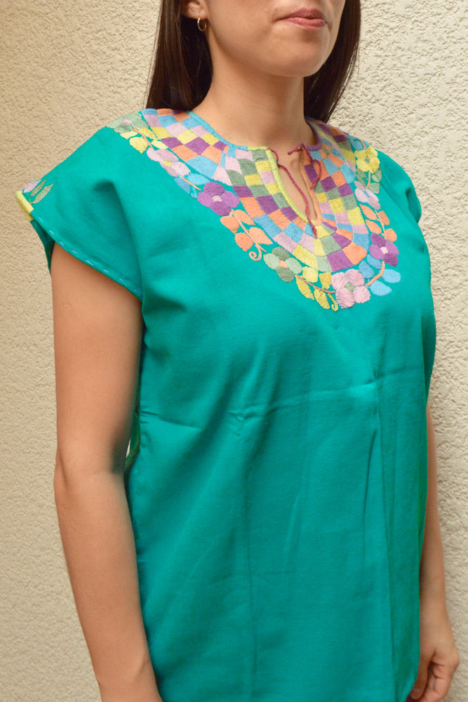 Embroidered Mexican Blouse | Turquoise - Alebrije Huichol Mexican Folk art magiamexica.com