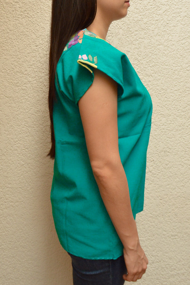 Embroidered Mexican Blouse | Turquoise - Alebrije Huichol Mexican Folk art magiamexica.com