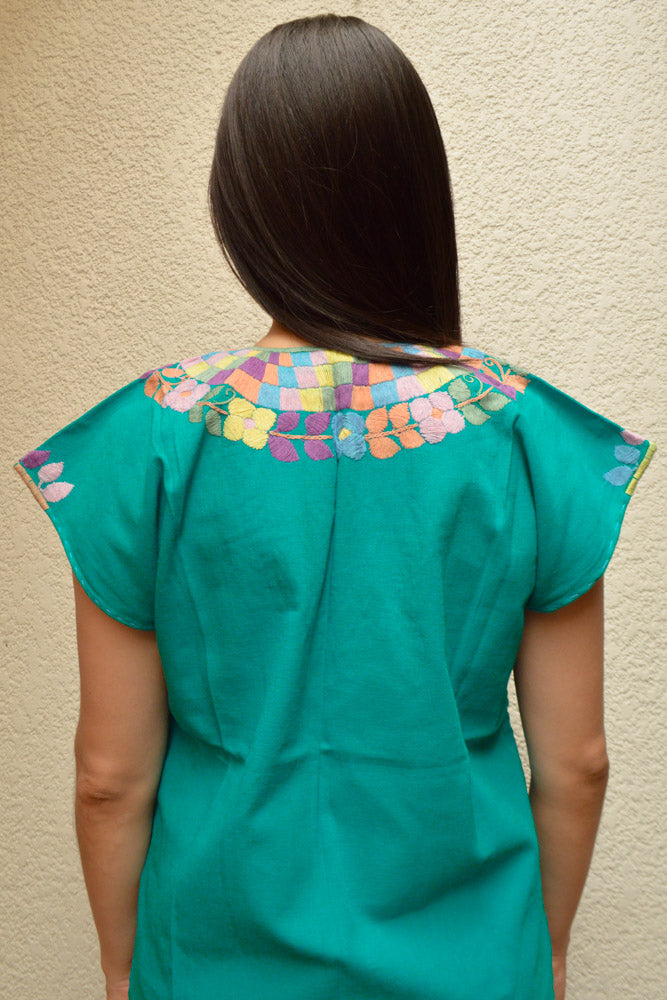 Embroidered Mexican Blouse | Turquoise - Alebrije Huichol Mexican Folk art magiamexica.com