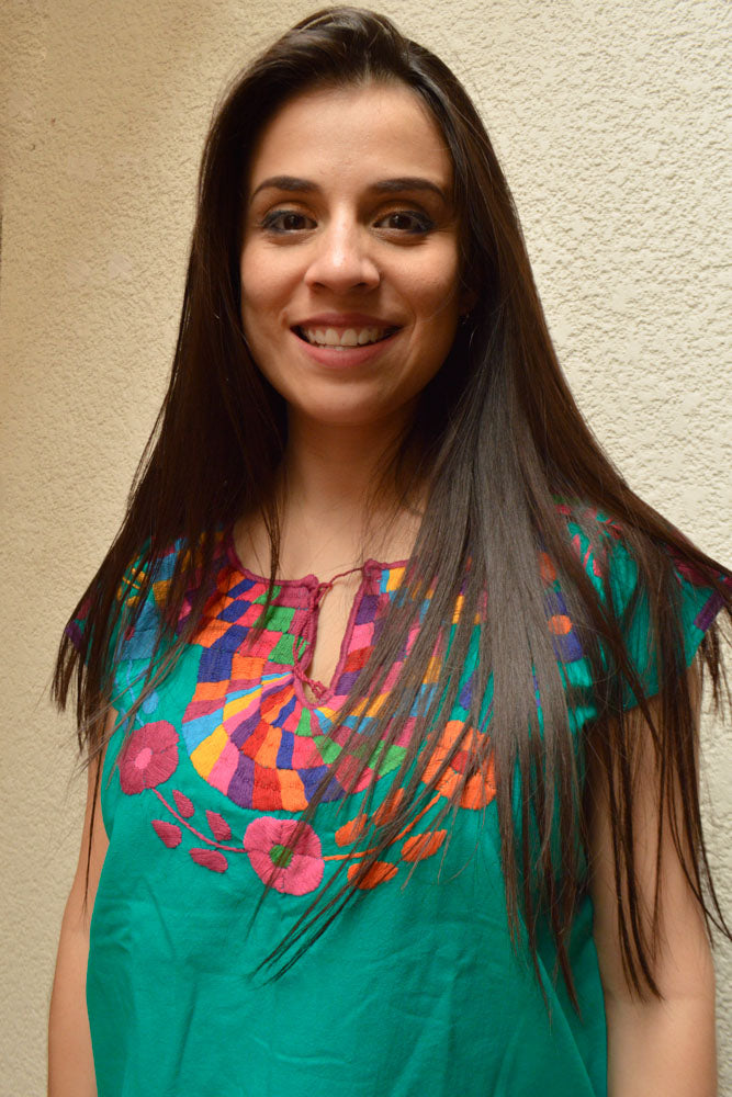 Embroidered Mexican Blouse | Turquoise - Alebrije Huichol Mexican Folk art magiamexica.com