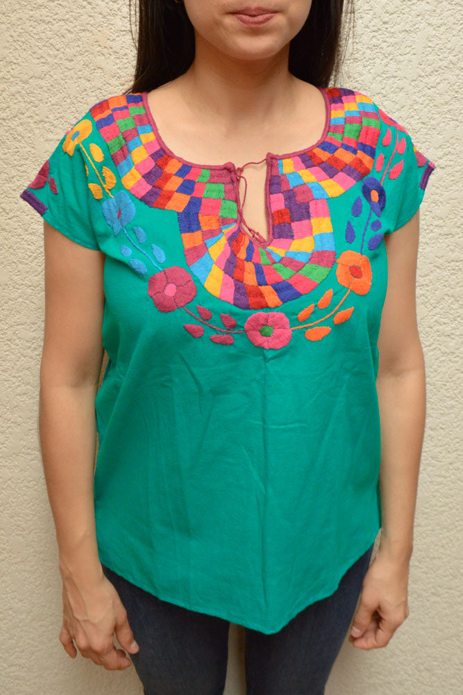 Embroidered Mexican Blouse | Turquoise - Alebrije Huichol Mexican Folk art magiamexica.com