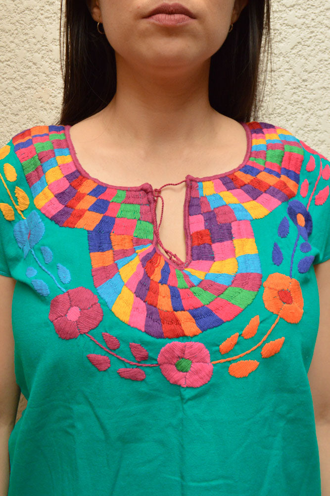 Embroidered Mexican Blouse | Turquoise - Alebrije Huichol Mexican Folk art magiamexica.com