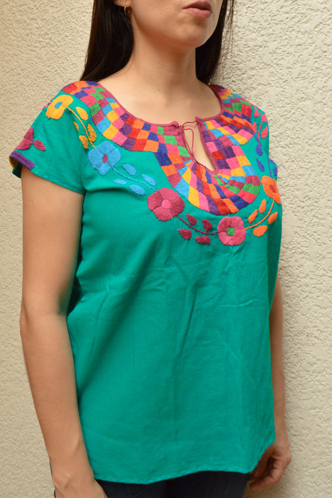 Embroidered Mexican Blouse | Turquoise - Alebrije Huichol Mexican Folk art magiamexica.com