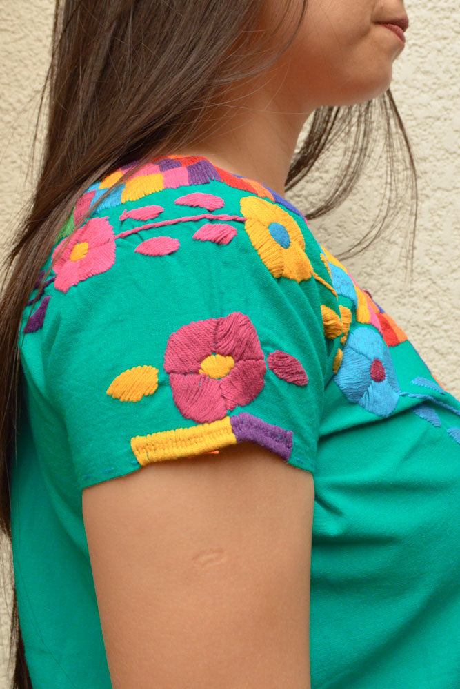 Embroidered Mexican Blouse | Turquoise - Alebrije Huichol Mexican Folk art magiamexica.com