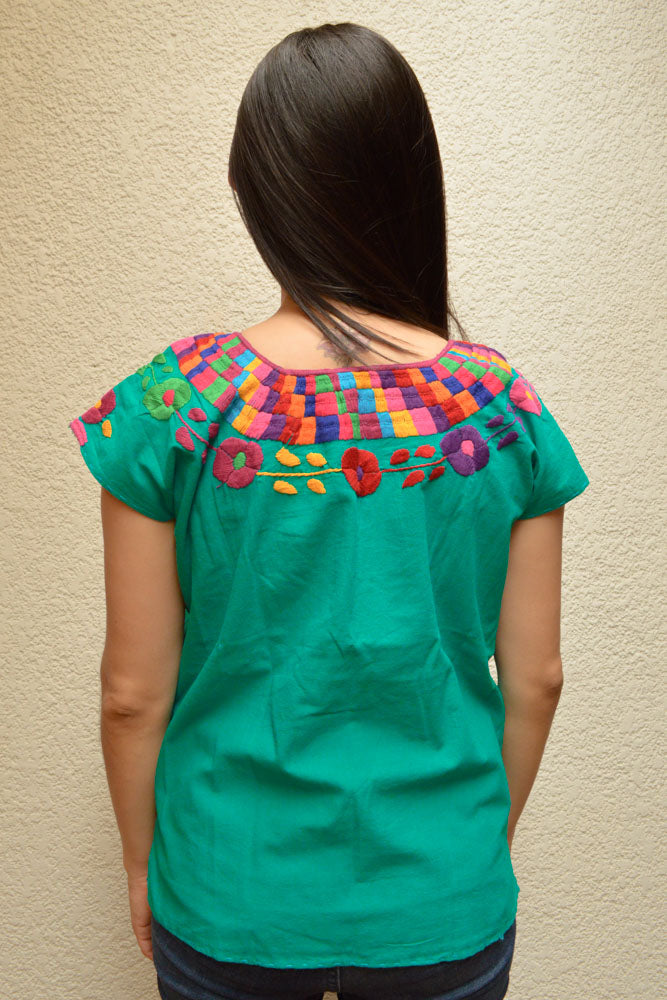 Embroidered Mexican Blouse | Turquoise - Alebrije Huichol Mexican Folk art magiamexica.com