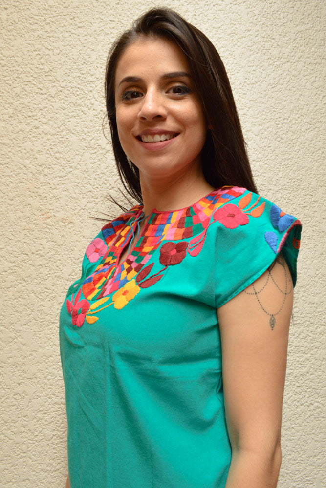 Embroidered Mexican Blouse | Turquoise - Alebrije Huichol Mexican Folk art magiamexica.com