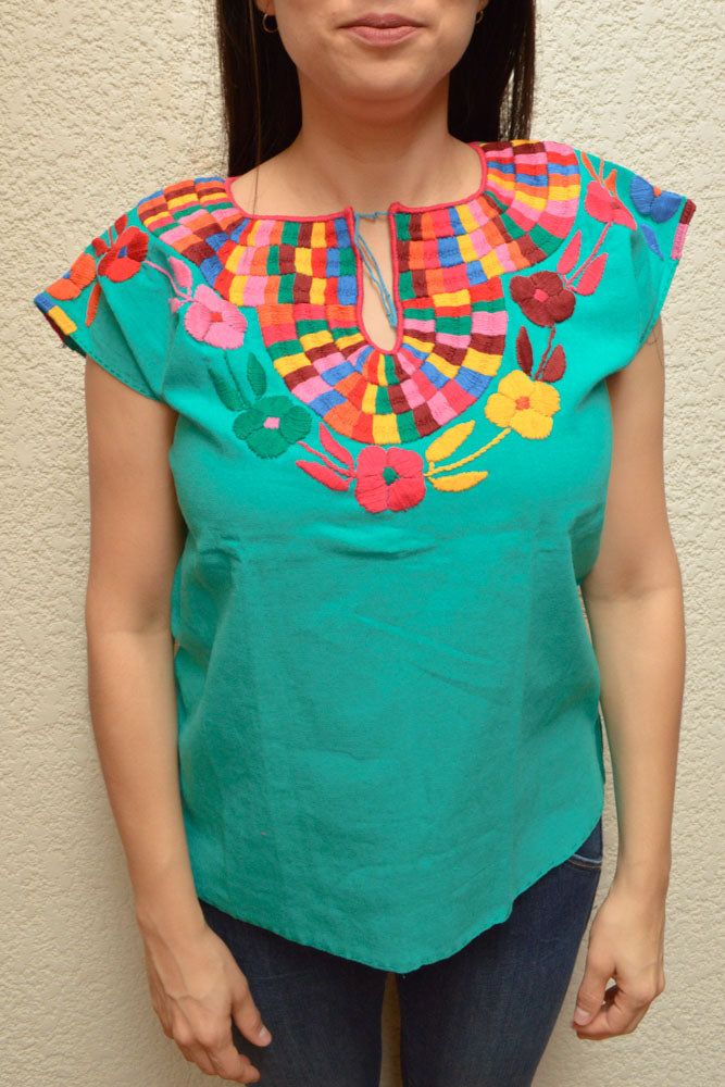 Embroidered Mexican Blouse | Turquoise - Alebrije Huichol Mexican Folk art magiamexica.com