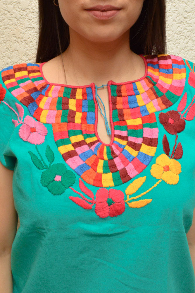 Embroidered Mexican Blouse | Turquoise - Alebrije Huichol Mexican Folk art magiamexica.com