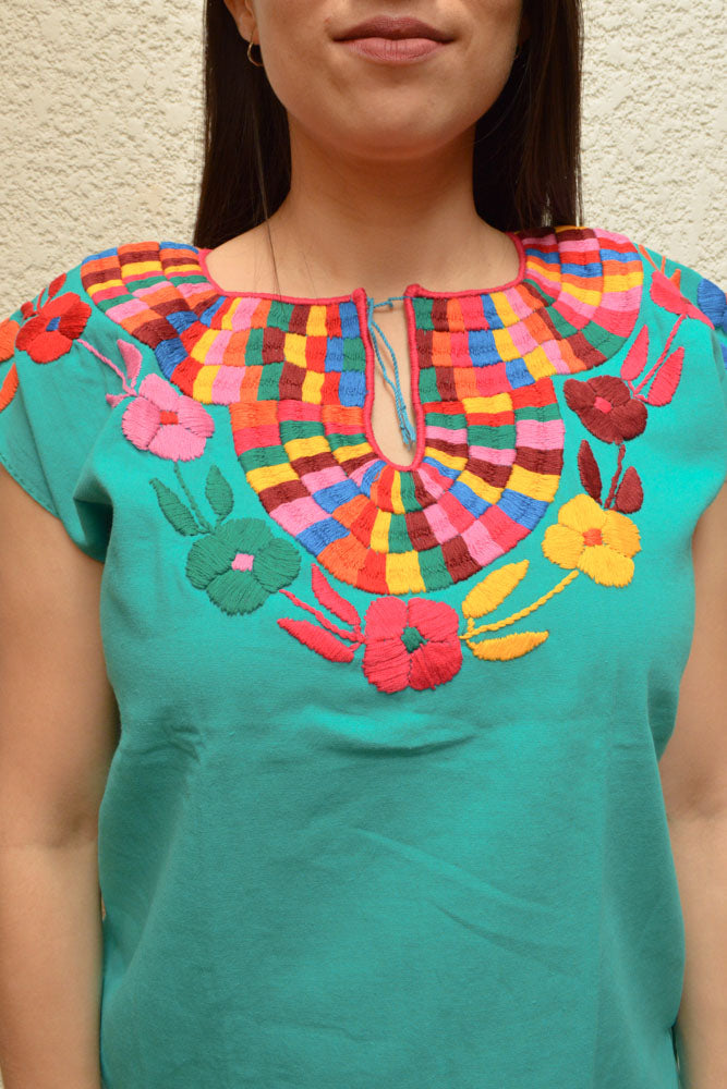Embroidered Mexican Blouse | Turquoise - Alebrije Huichol Mexican Folk art magiamexica.com