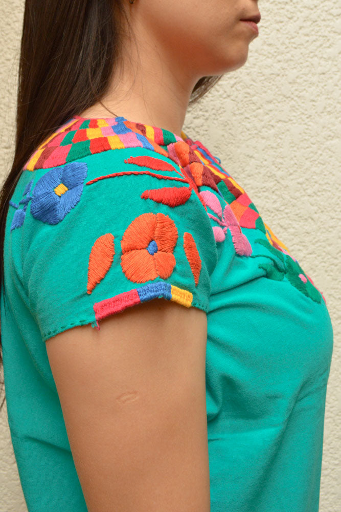 Embroidered Mexican Blouse | Turquoise - Alebrije Huichol Mexican Folk art magiamexica.com
