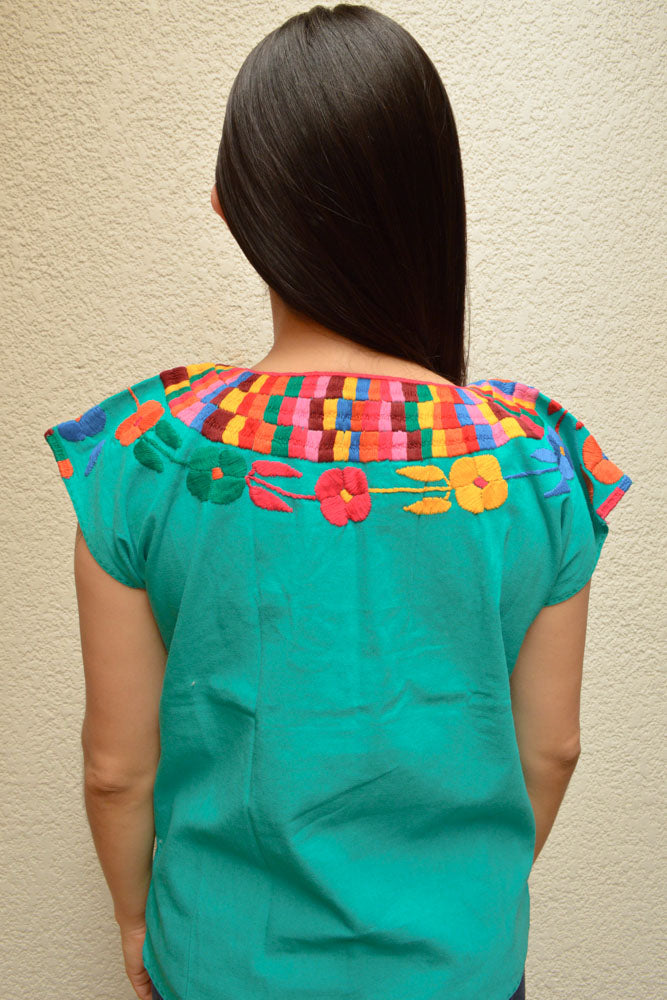 Embroidered Mexican Blouse | Turquoise - Alebrije Huichol Mexican Folk art magiamexica.com