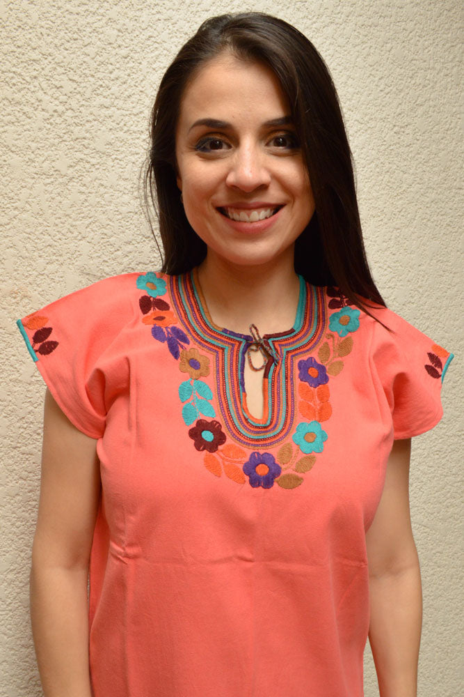 Embroidered Mexican Blouse | Light Salmon - Alebrije Huichol Mexican Folk art magiamexica.com