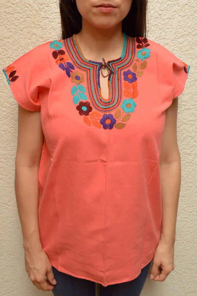 Embroidered Mexican Blouse | Light Salmon - Alebrije Huichol Mexican Folk art magiamexica.com