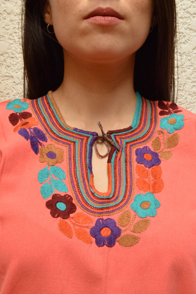 Embroidered Mexican Blouse | Light Salmon - Alebrije Huichol Mexican Folk art magiamexica.com