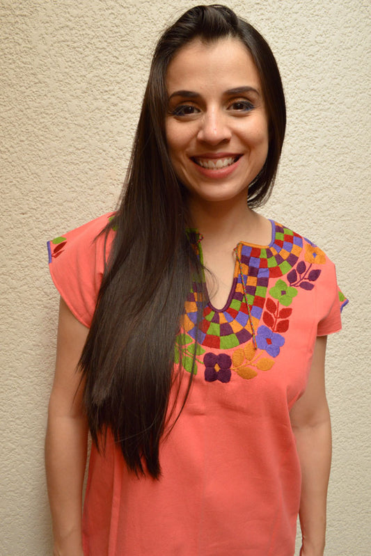 Embroidered Mexican Blouse | Light Salmon - Alebrije Huichol Mexican Folk art magiamexica.com