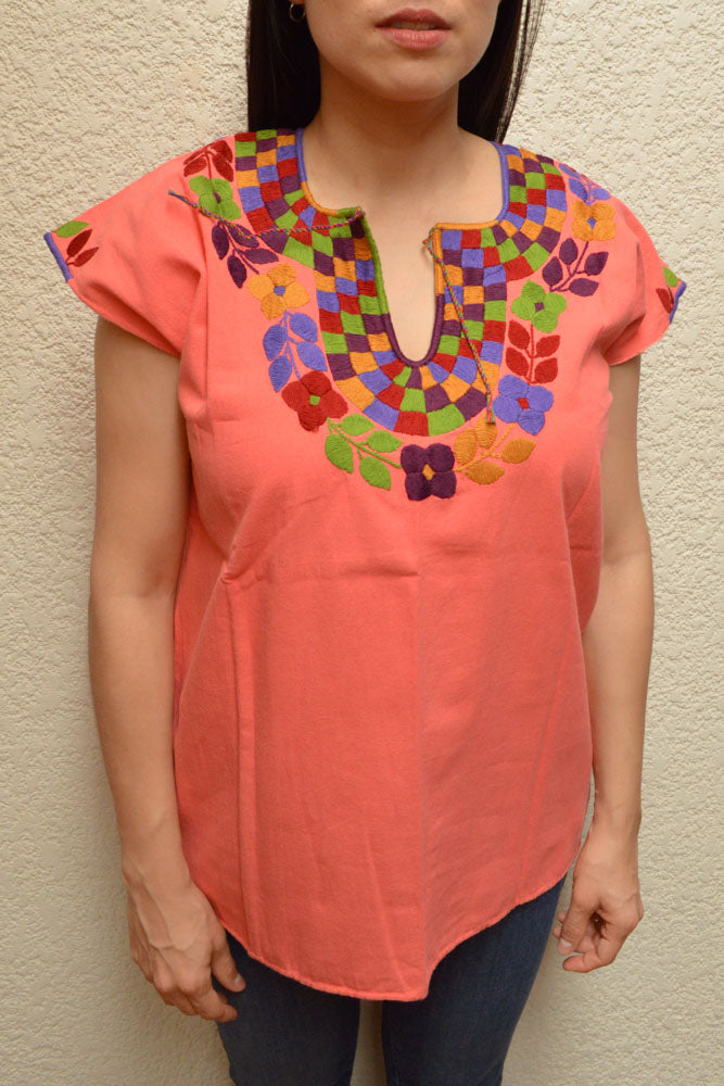 Embroidered Mexican Blouse | Light Salmon - Alebrije Huichol Mexican Folk art magiamexica.com
