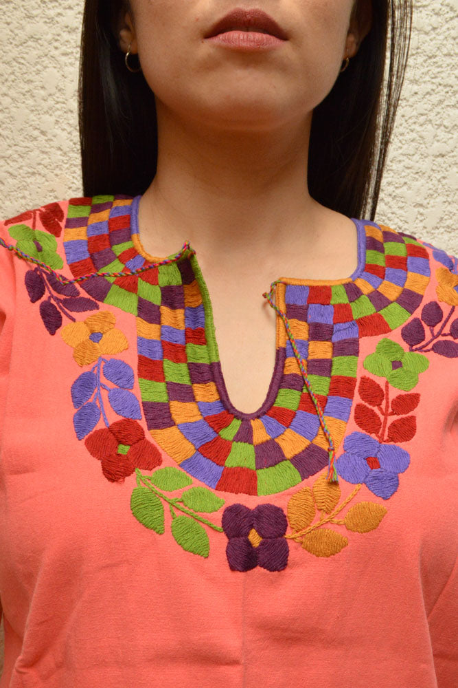 Embroidered Mexican Blouse | Light Salmon - Alebrije Huichol Mexican Folk art magiamexica.com