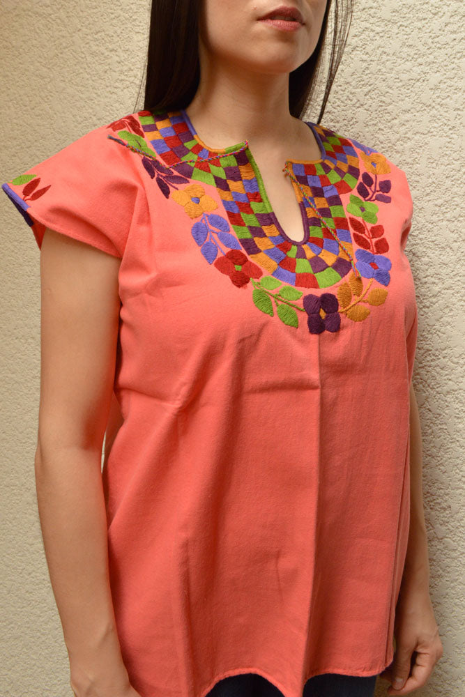 Embroidered Mexican Blouse | Light Salmon - Alebrije Huichol Mexican Folk art magiamexica.com