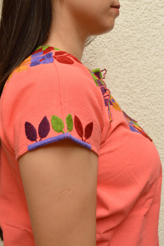 Embroidered Mexican Blouse | Light Salmon - Alebrije Huichol Mexican Folk art magiamexica.com