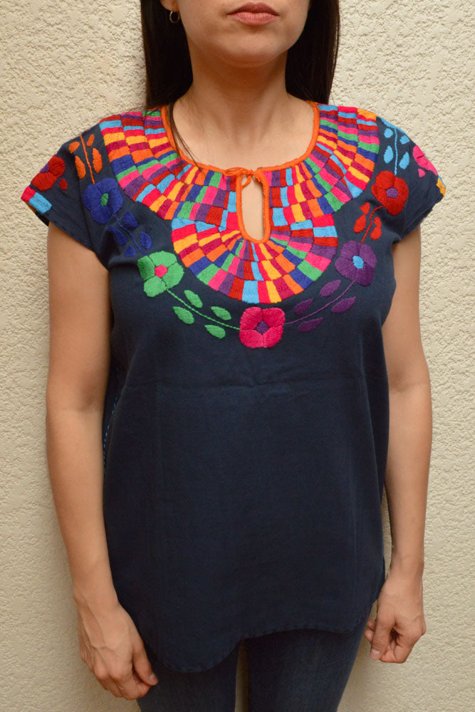 Embroidered Mexican Blouse | Navy - Alebrije Huichol Mexican Folk art magiamexica.com