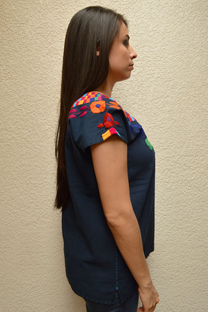 Embroidered Mexican Blouse | Navy - Alebrije Huichol Mexican Folk art magiamexica.com