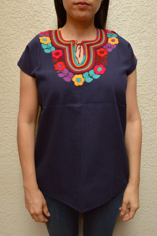 Embroidered Mexican Blouse | Navy - Alebrije Huichol Mexican Folk art magiamexica.com