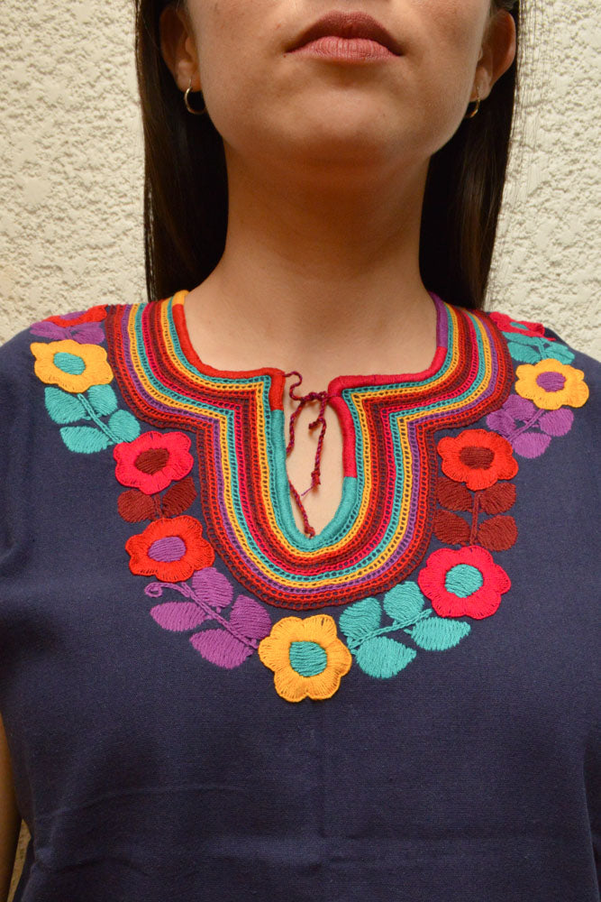 Embroidered Mexican Blouse | Navy - Alebrije Huichol Mexican Folk art magiamexica.com