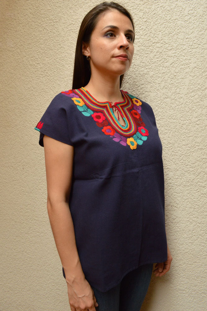 Embroidered Mexican Blouse | Navy - Alebrije Huichol Mexican Folk art magiamexica.com