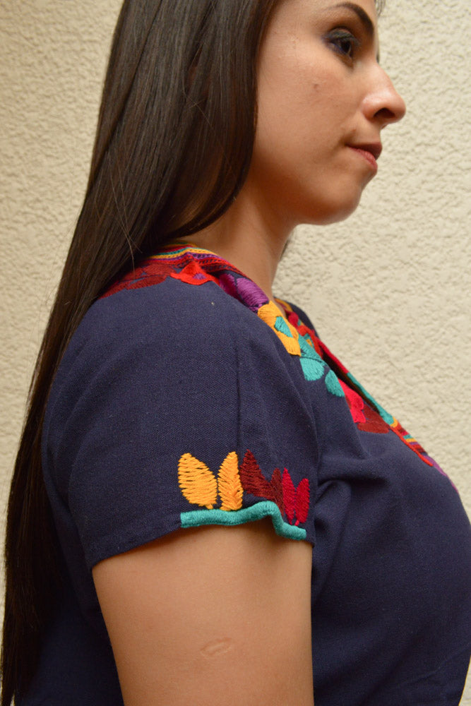 Embroidered Mexican Blouse | Navy - Alebrije Huichol Mexican Folk art magiamexica.com