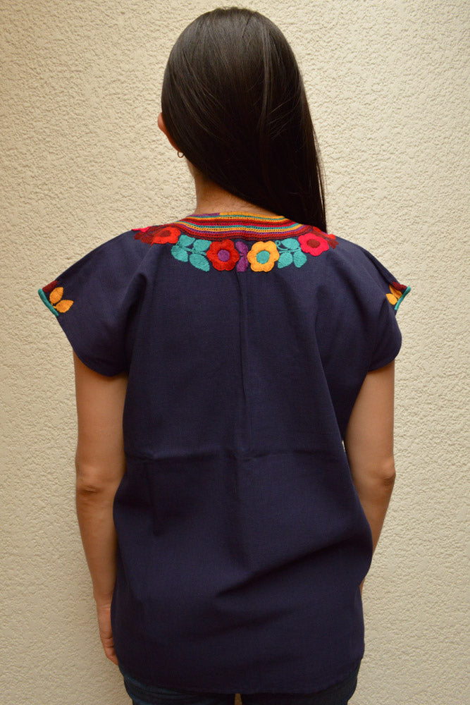 Embroidered Mexican Blouse | Navy - Alebrije Huichol Mexican Folk art magiamexica.com