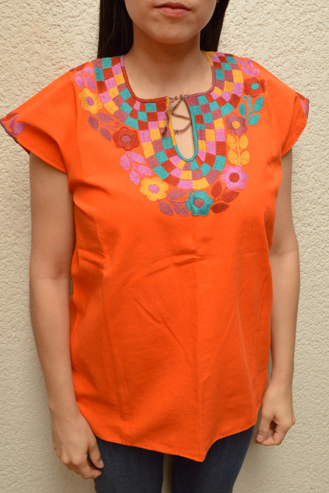 Embroidered Mexican Blouse | Orange - Alebrije Huichol Mexican Folk art magiamexica.com