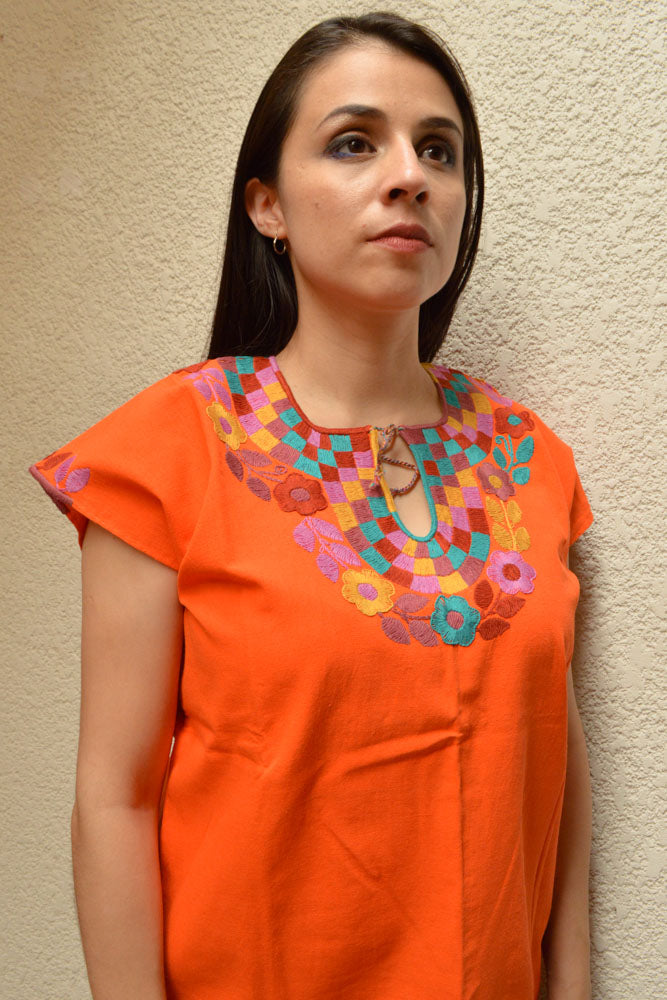 Embroidered Mexican Blouse | Orange - Alebrije Huichol Mexican Folk art magiamexica.com