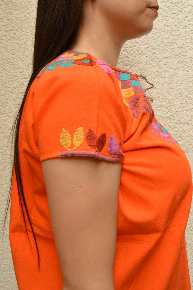 Embroidered Mexican Blouse | Orange - Alebrije Huichol Mexican Folk art magiamexica.com