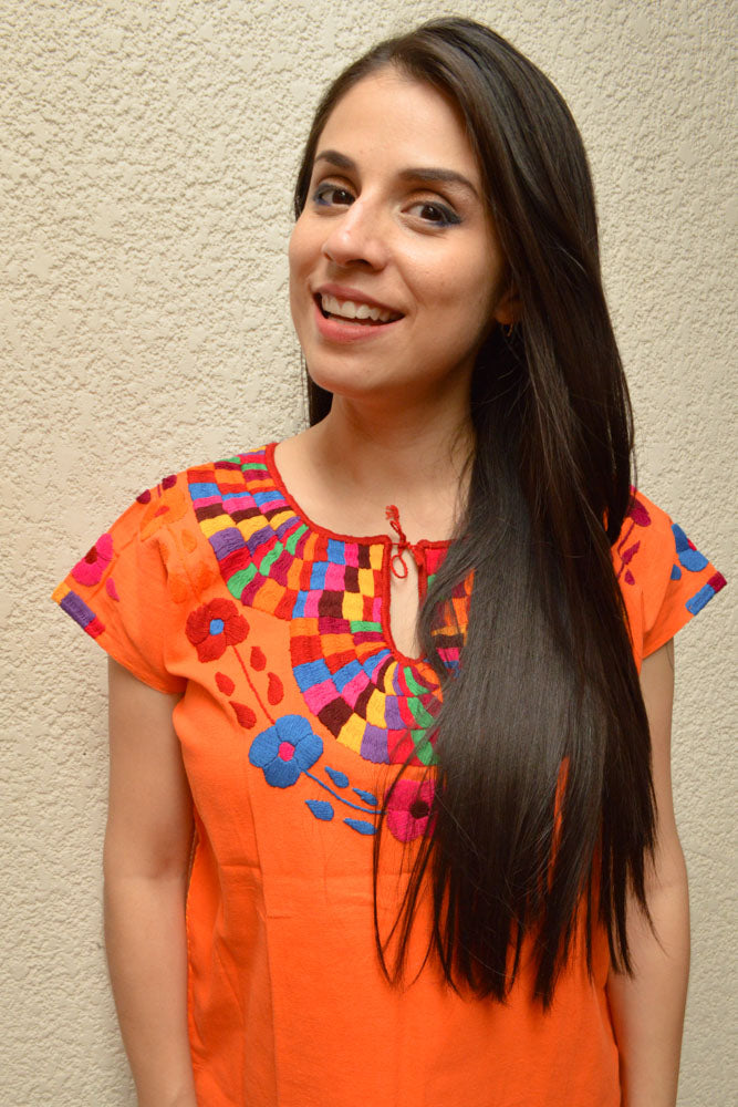 Embroidered Mexican Blouse | Orange - Alebrije Huichol Mexican Folk art magiamexica.com