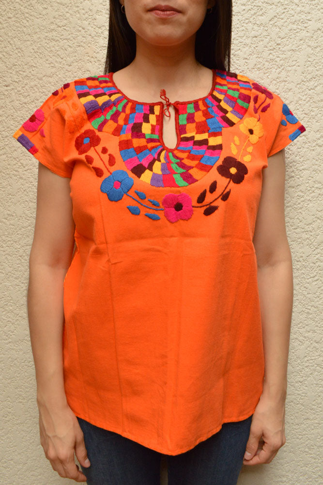 Embroidered Mexican Blouse | Orange - Alebrije Huichol Mexican Folk art magiamexica.com
