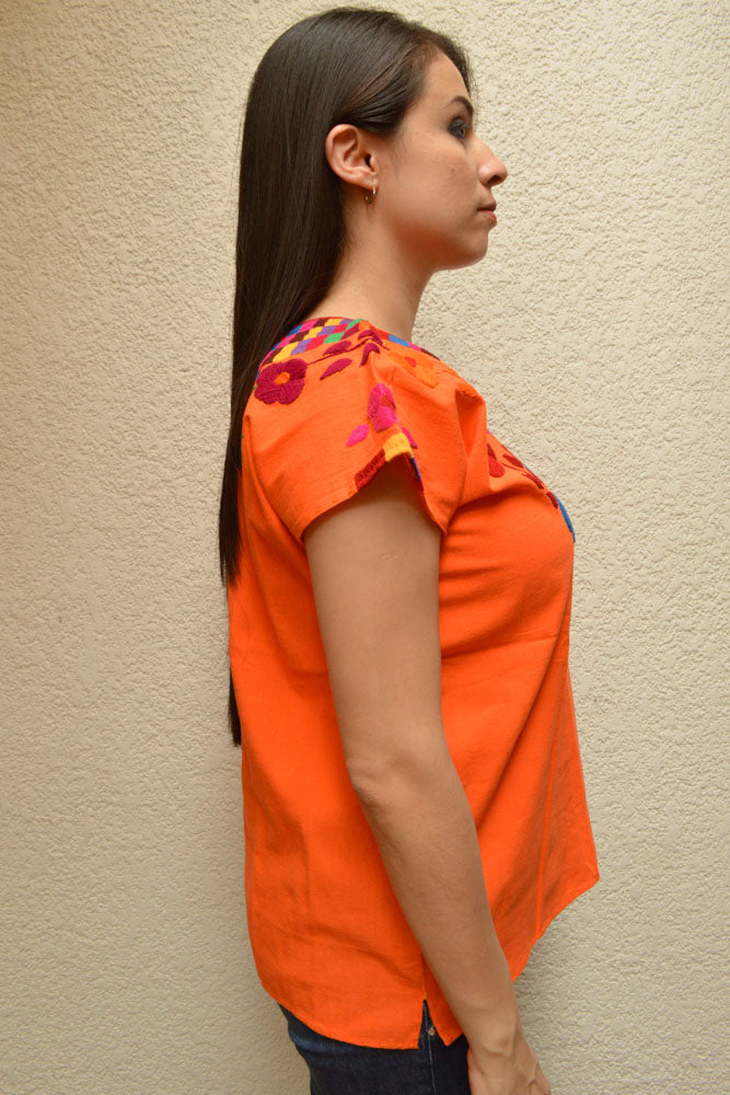 Embroidered Mexican Blouse | Orange - Alebrije Huichol Mexican Folk art magiamexica.com