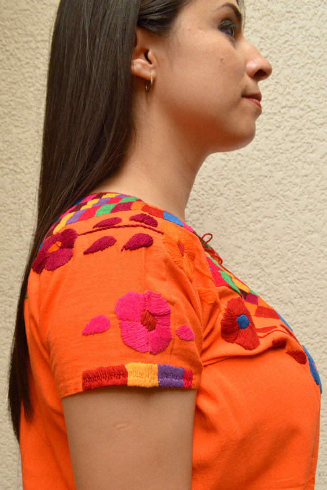 Embroidered Mexican Blouse | Orange - Alebrije Huichol Mexican Folk art magiamexica.com