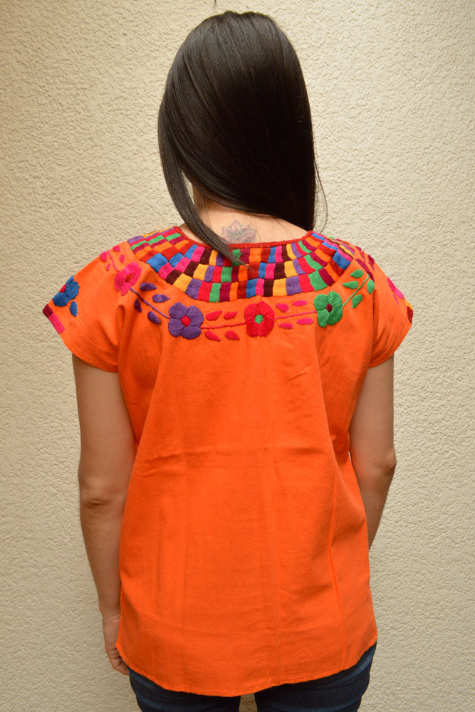 Embroidered Mexican Blouse | Orange - Alebrije Huichol Mexican Folk art magiamexica.com