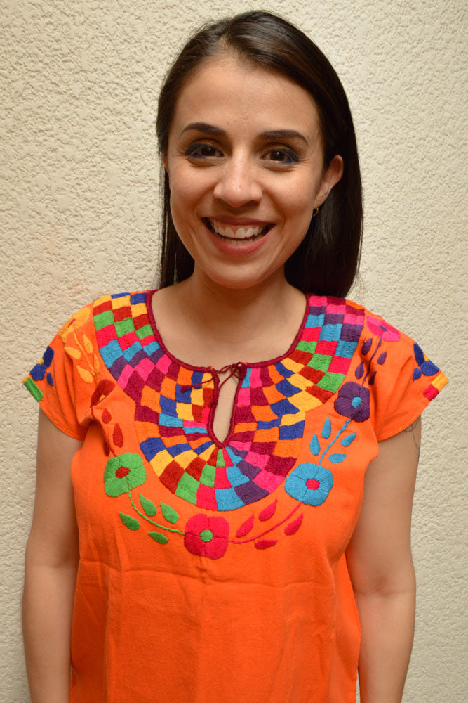 Embroidered Mexican Blouse | Orange - Alebrije Huichol Mexican Folk art magiamexica.com