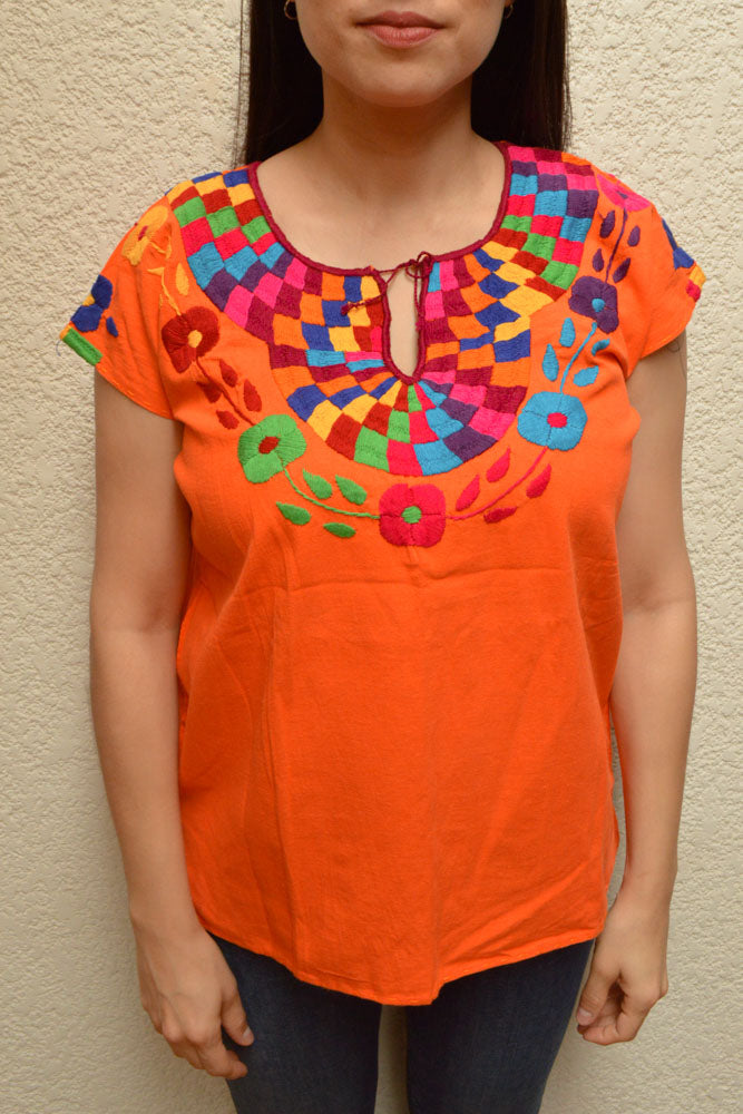 Embroidered Mexican Blouse | Orange - Alebrije Huichol Mexican Folk art magiamexica.com