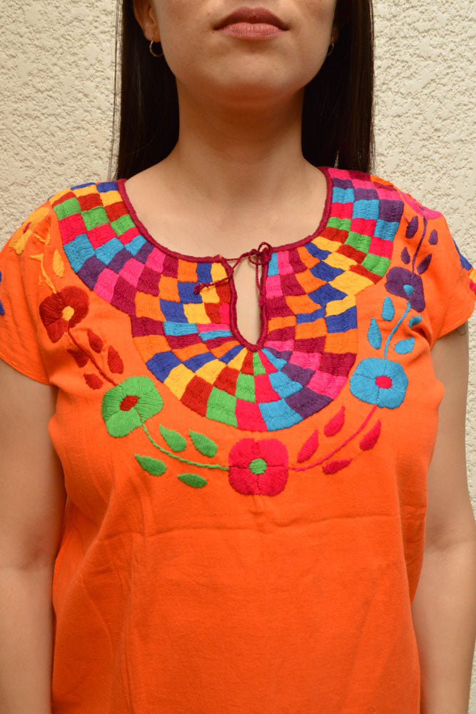 Embroidered Mexican Blouse | Orange - Alebrije Huichol Mexican Folk art magiamexica.com