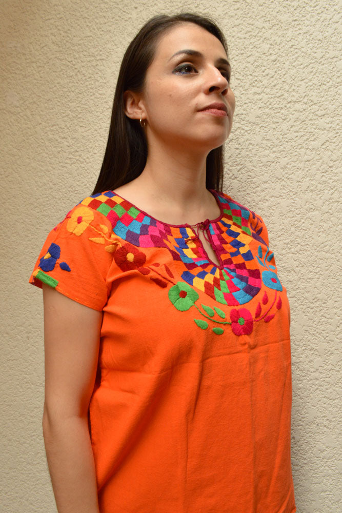 Embroidered Mexican Blouse | Orange - Alebrije Huichol Mexican Folk art magiamexica.com