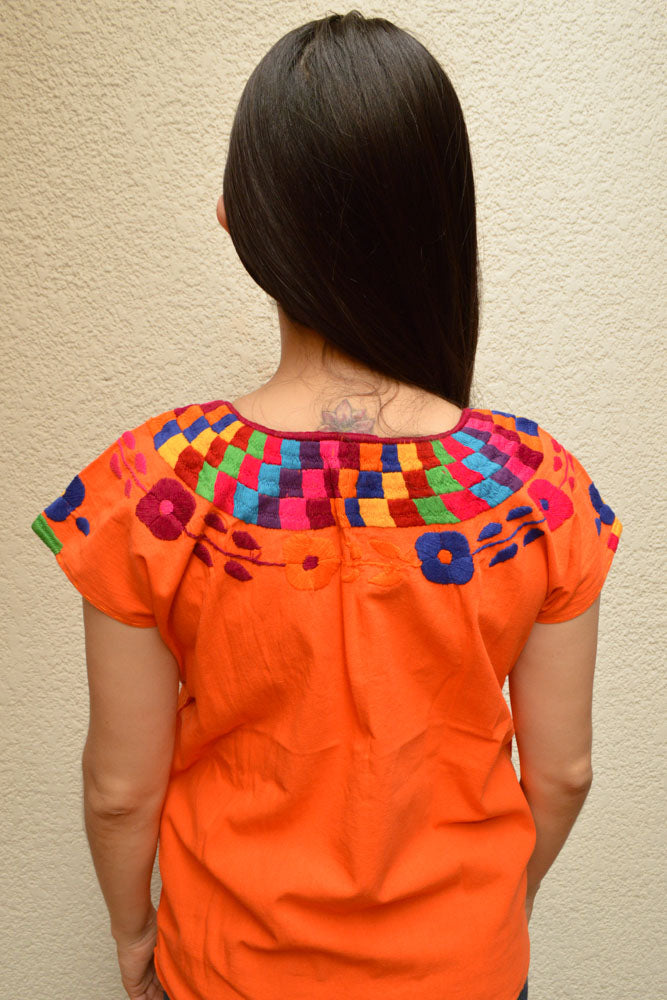 Embroidered Mexican Blouse | Orange - Alebrije Huichol Mexican Folk art magiamexica.com